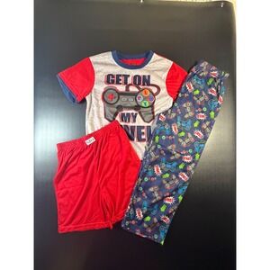 Up Late Boys 3pc Pajama Set Size 8 Get On My Level Gamer Top Shorts Pants Red K9